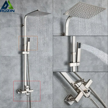 Silver-toned brushed nickel rain shower system with rectangular showerhead and multiple spray nozzles for bathroom decorbites