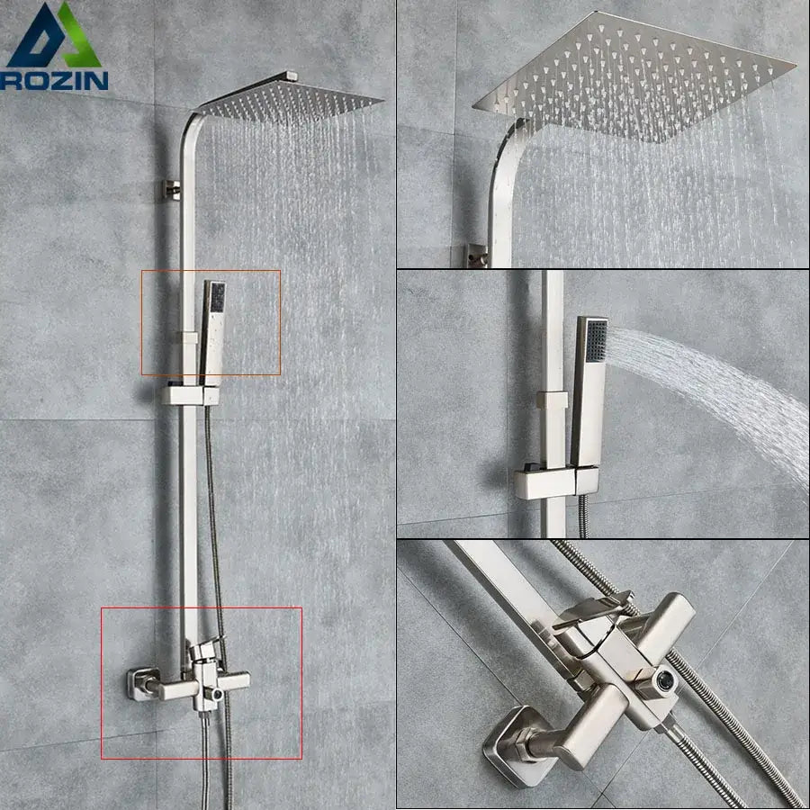 Silver-toned brushed nickel rain shower system with rectangular showerhead and multiple spray nozzles for bathroom decorbites