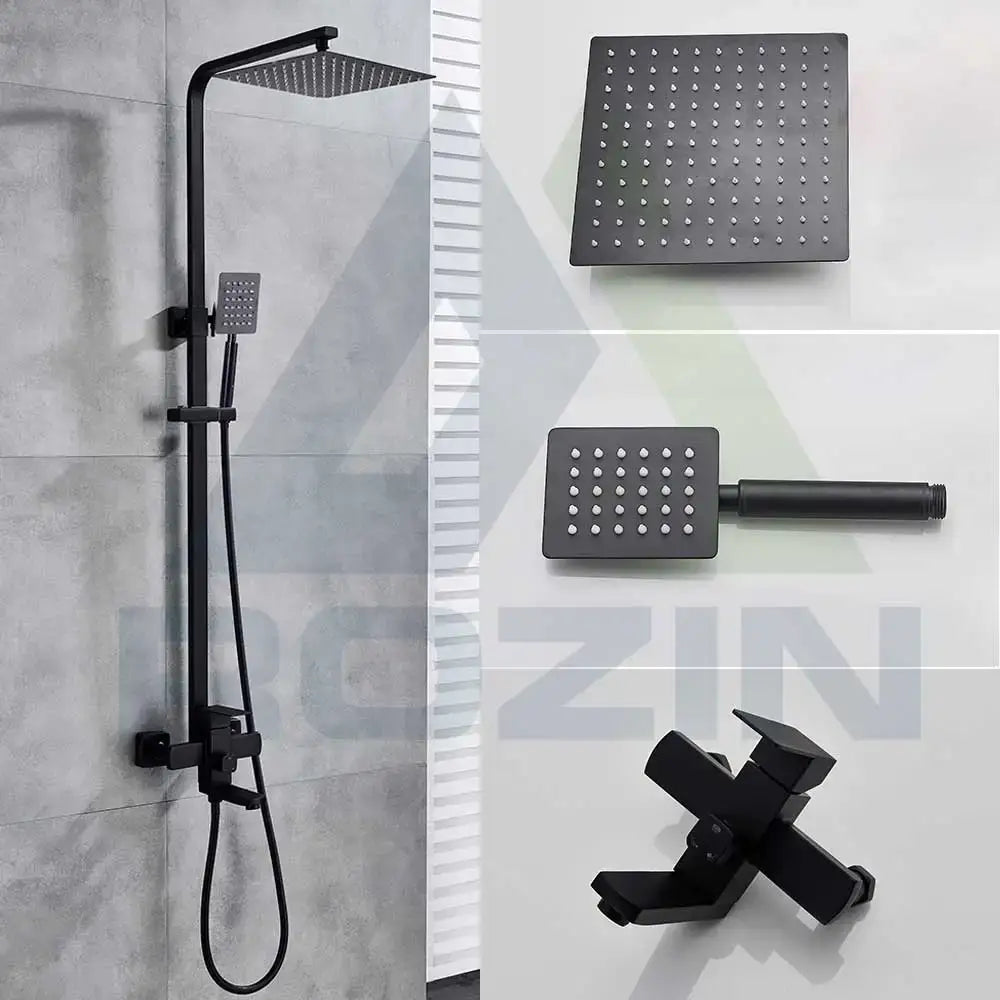 Black matte shower system with tall overhead rainhead, handheld square spray, and cross faucet for decorbites brushed nickel rain use