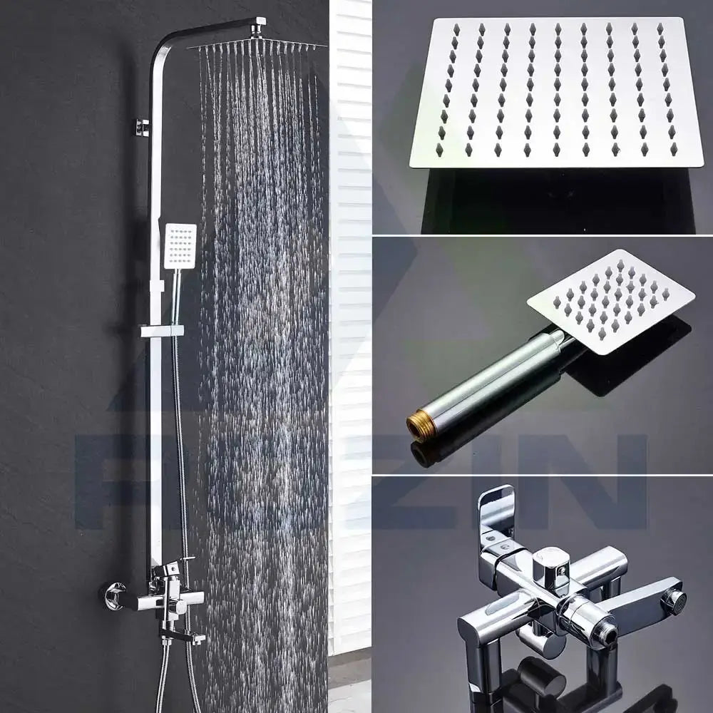 Modern brushed nickel rain shower system by decorbites with tall rainhead handheld spray and cross-handle mixer valve