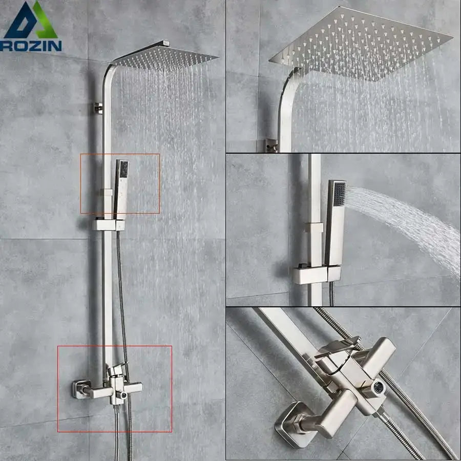 Modern brushed nickel rain shower system with square rainhead and handheld spray for bathroom decorbites brushed nickel