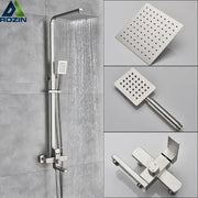 Brushed nickel rain shower system with stainless steel square rainhead handheld spray and wall-mounted mixer valve by decorbites
