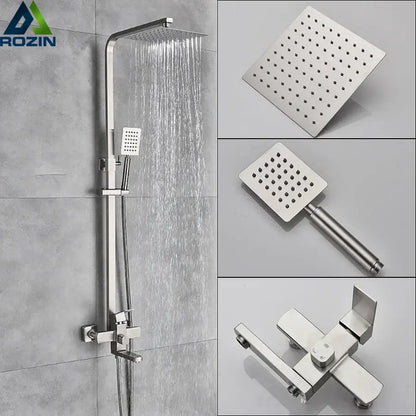 Brushed nickel rain shower system with stainless steel square rainhead handheld spray and wall-mounted mixer valve by decorbites