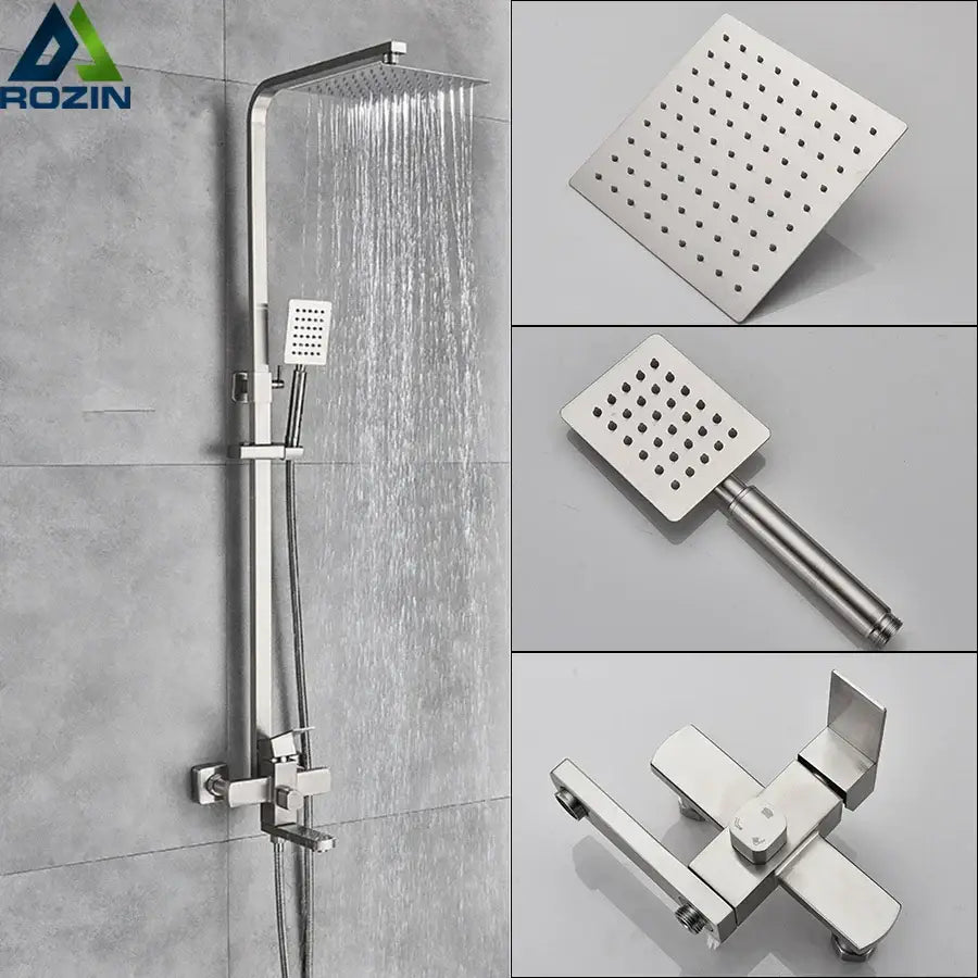 Brushed nickel rain shower system with stainless steel square rainhead handheld spray and wall-mounted mixer valve by decorbites