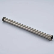 A brushed nickel shower faucet extension tube made of stainless steel with threaded ends for bathroom use