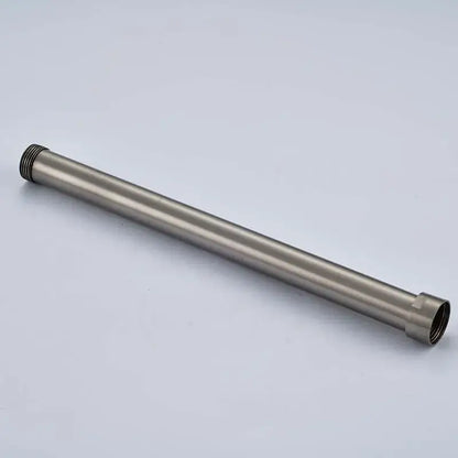 A brushed nickel shower faucet extension tube made of stainless steel with threaded ends for bathroom use