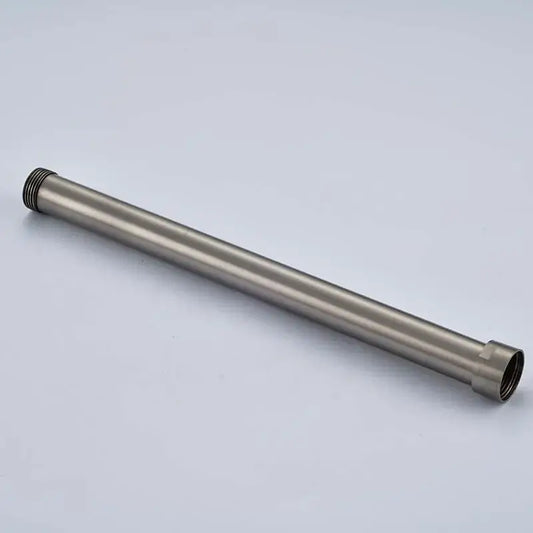 A brushed nickel shower faucet extension tube made of stainless steel with threaded ends for bathroom use