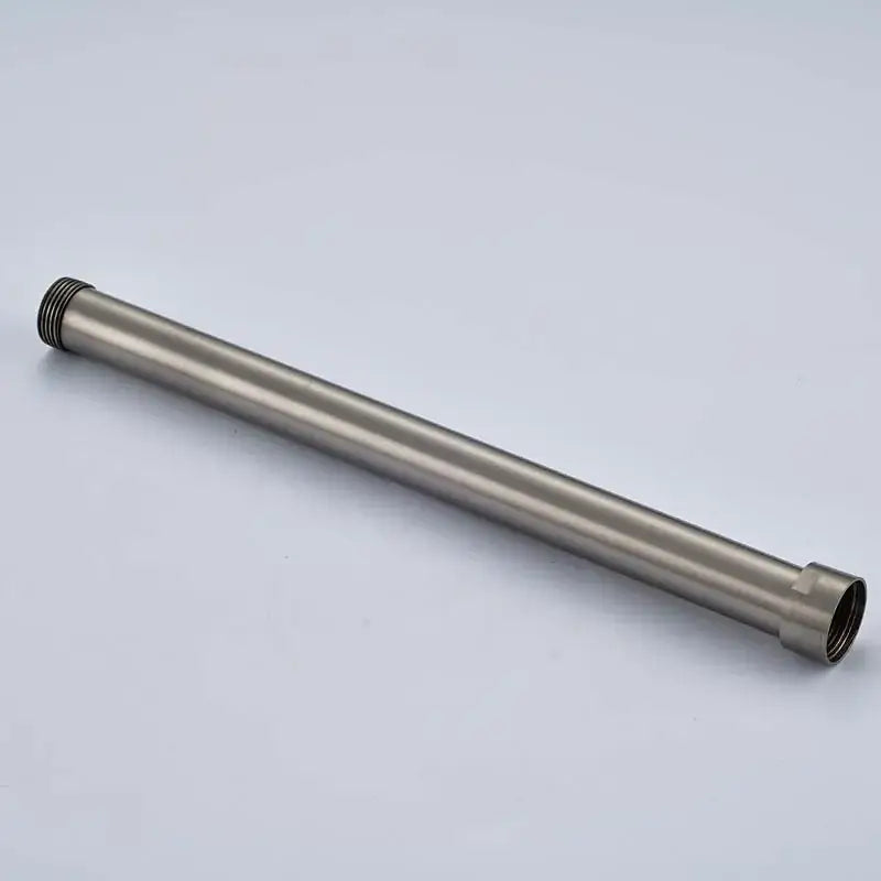 A brushed nickel shower faucet extension tube made of stainless steel with threaded ends for bathroom use