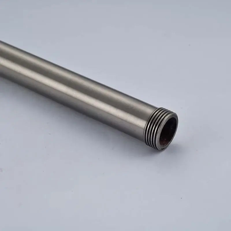 Brushed nickel shower faucet extension tube in stainless steel with a sleek metallic finish and threaded end for easy installation
