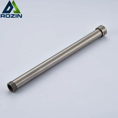 Brushed nickel stainless steel shower faucet extension tube with threaded ends and smooth metallic finish