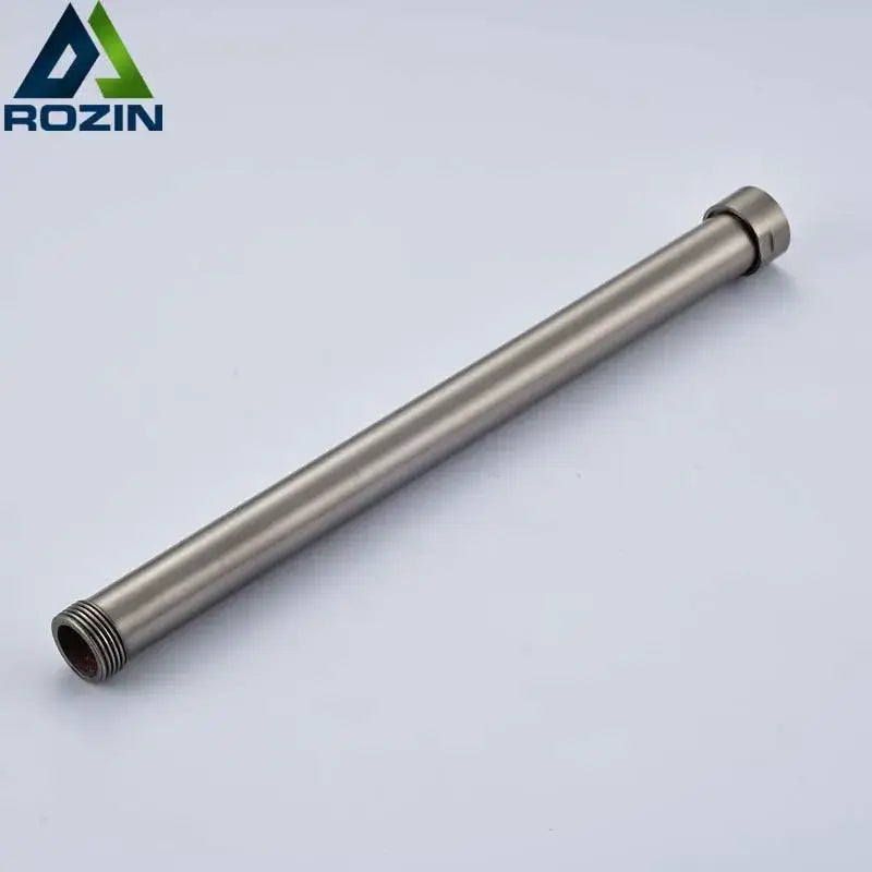 Brushed nickel stainless steel shower faucet extension tube with threaded ends and smooth metallic finish
