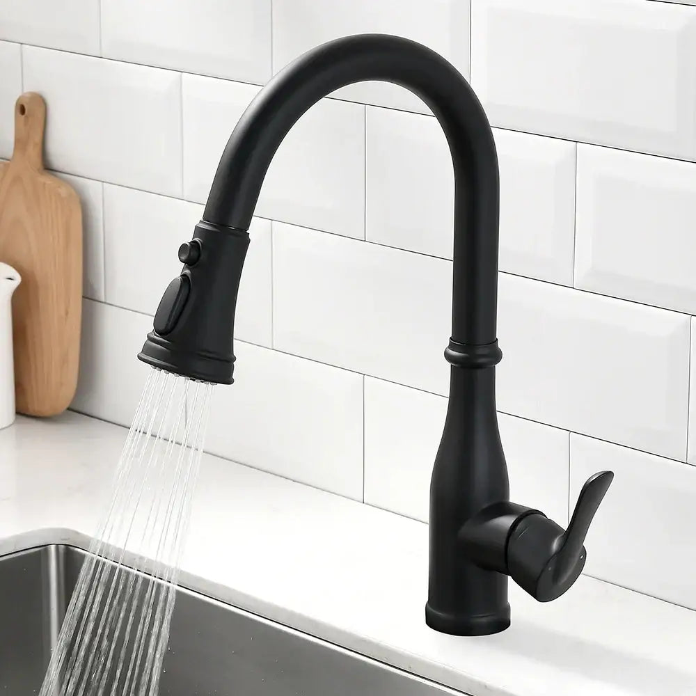 Black matte finish single handle kitchen faucet with curved spout and pull-down spray head in brushed nickel style