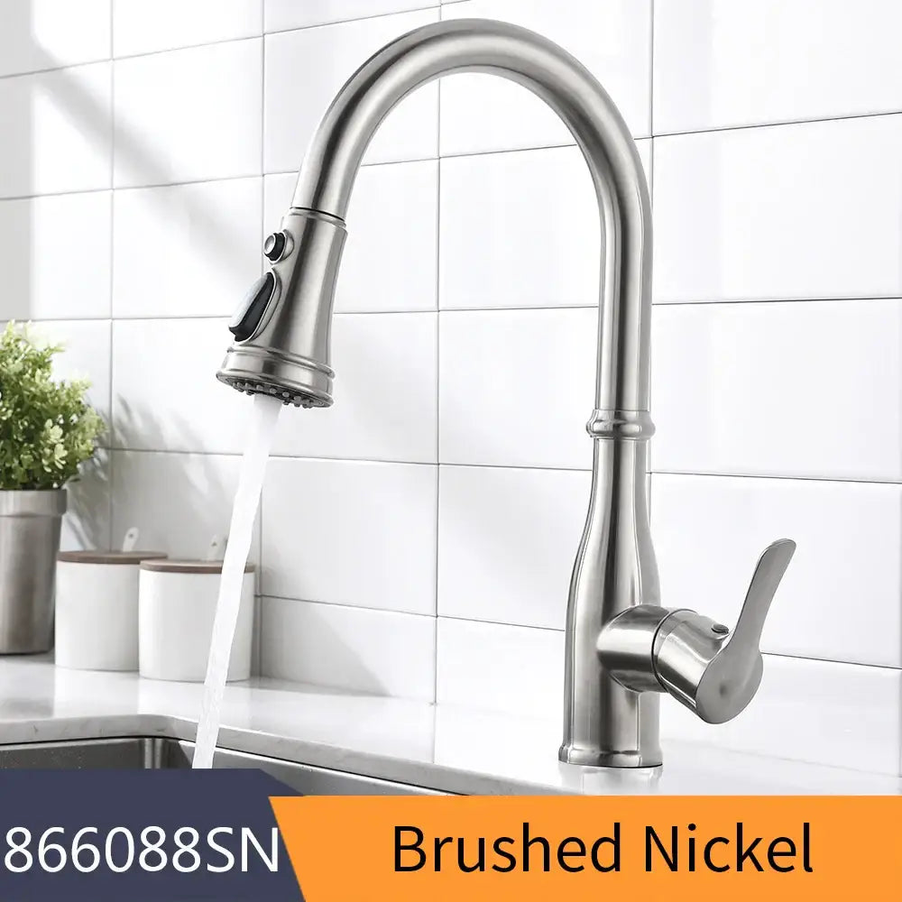 Brushed nickel kitchen faucet with single handle, sleek arched spout, and pull down spray head for ease of use