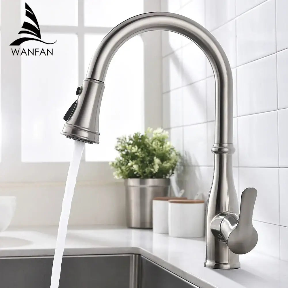 Brushed nickel single handle kitchen faucet with stainless steel curved spout and pull-down spray head for easy use
