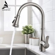 Brushed nickel single handle kitchen faucet with stainless steel curved spout and pull-down spray head for easy use