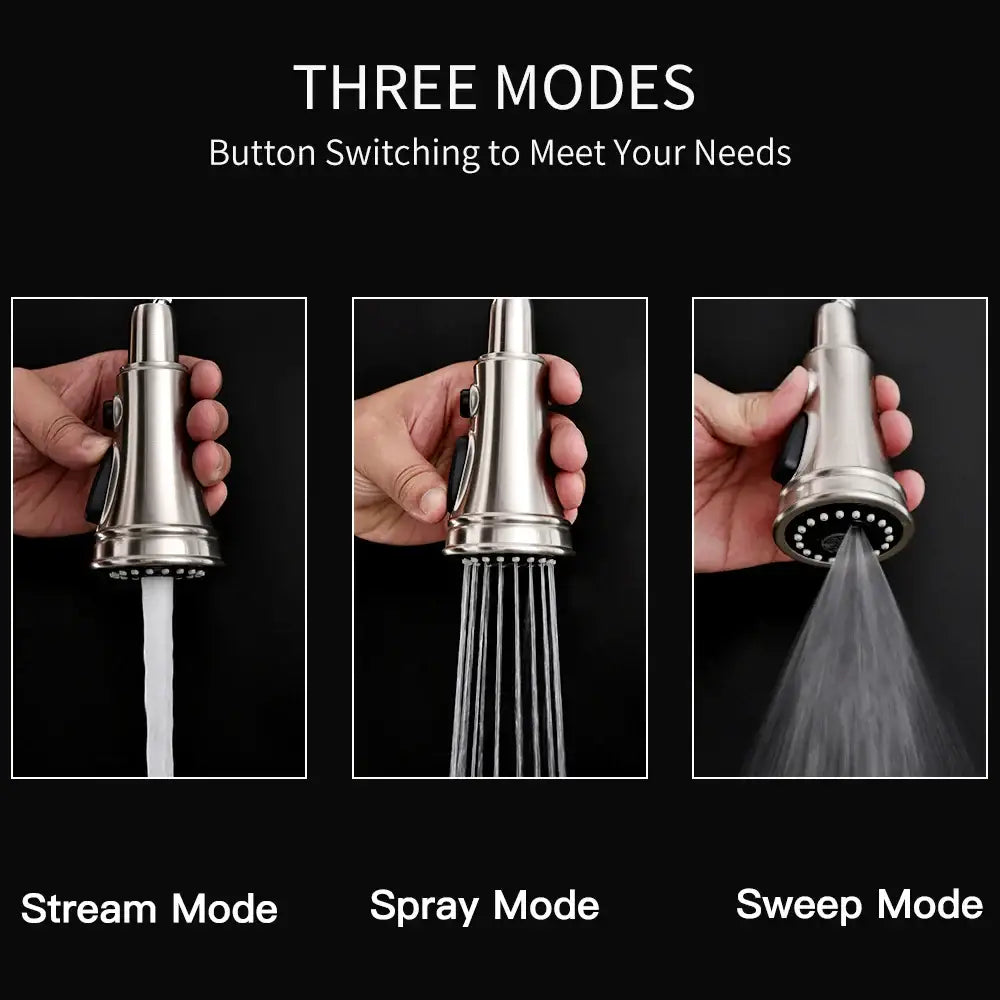 Brushed nickel single handle kitchen faucet in stainless steel with pull out design and three spray modes