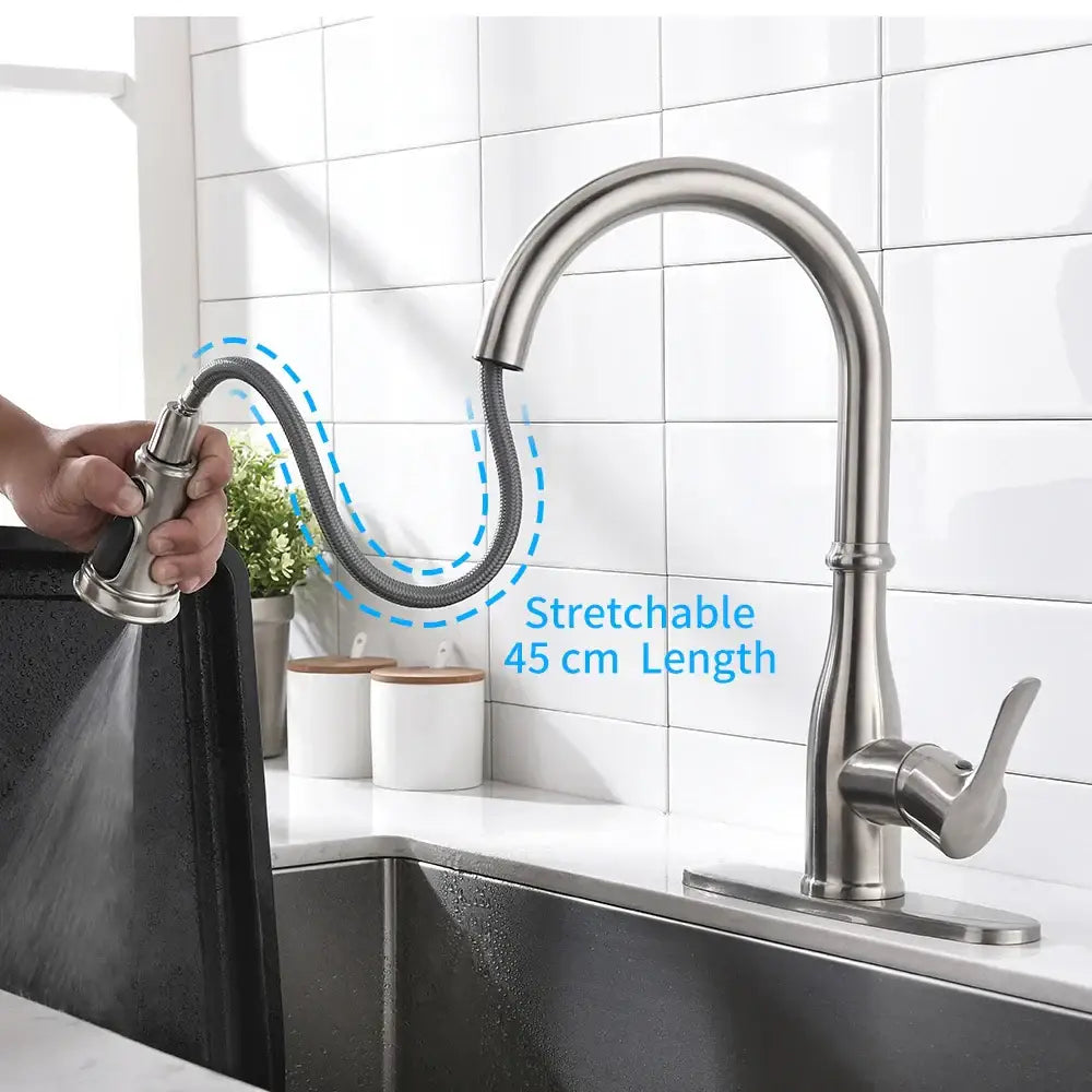 Brushed nickel single handle kitchen faucet with stainless steel flexible 45 cm hose and adjustable spray head