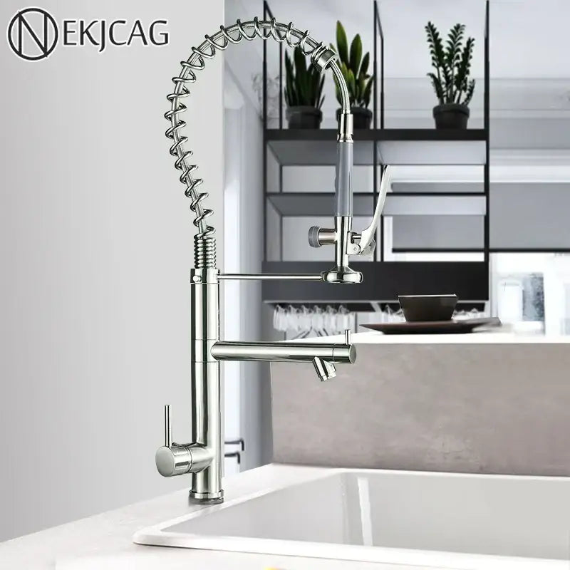 Brushed nickel spring kitchen faucet with pull down spray head and coiled flexible stainless steel spout decorbites brushed nickel