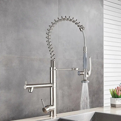Brushed nickel spring kitchen faucet with pull down spray head and flexible coiled hose by decorbites brushed nickel