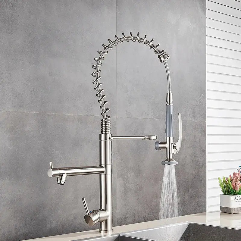 Brushed nickel spring kitchen faucet with pull down spray head and flexible coiled hose by decorbites brushed nickel