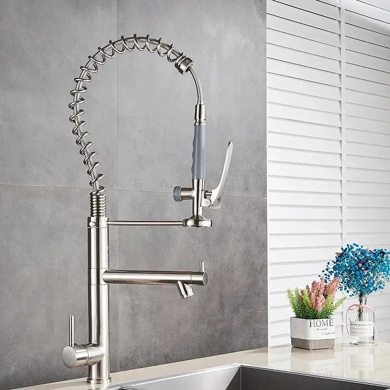 Brushed nickel spring kitchen faucet with stainless steel flexible coiled hose and gray handle from decorbites brushed nickel