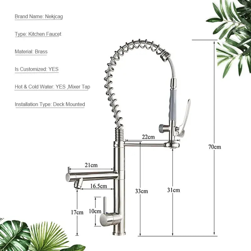 Brushed nickel spring kitchen faucet by decorbites with a flexible coiled hose and pull down spray head in stainless steel