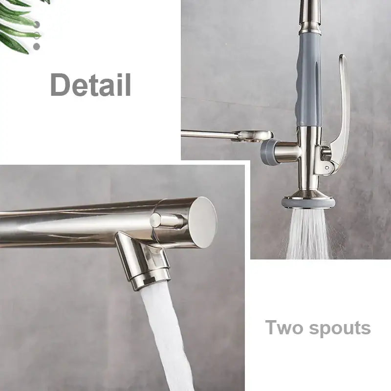 Brushed nickel spring kitchen faucet with pull down spray head featuring two spouts and a gray ergonomic handle by decorbites