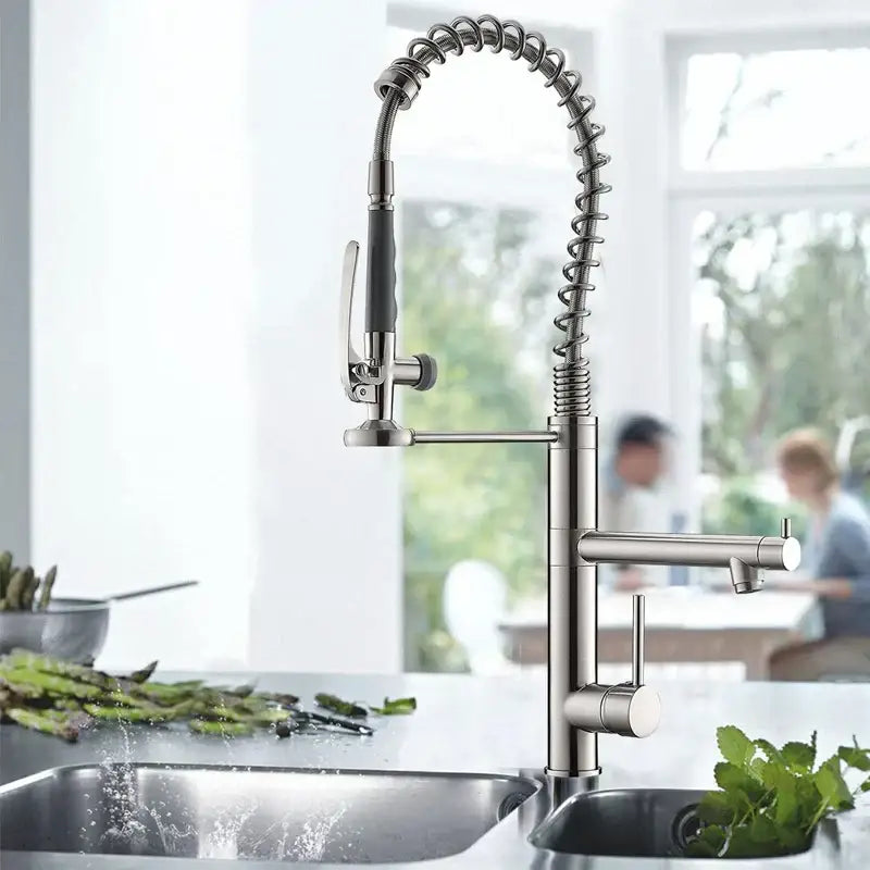 Brushed nickel spring kitchen faucet with pull down spray head and flexible coiled stainless steel spout decorbites kitchen faucet