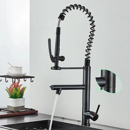 Black matte kitchen faucet with flexible coiled spring neck and pull down spray head for decorbites brushed nickel spring use