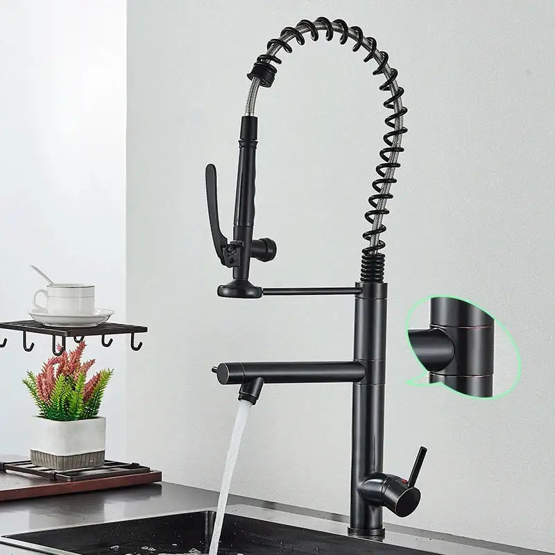 Black matte kitchen faucet with flexible coiled spring neck and pull down spray head for decorbites brushed nickel spring use