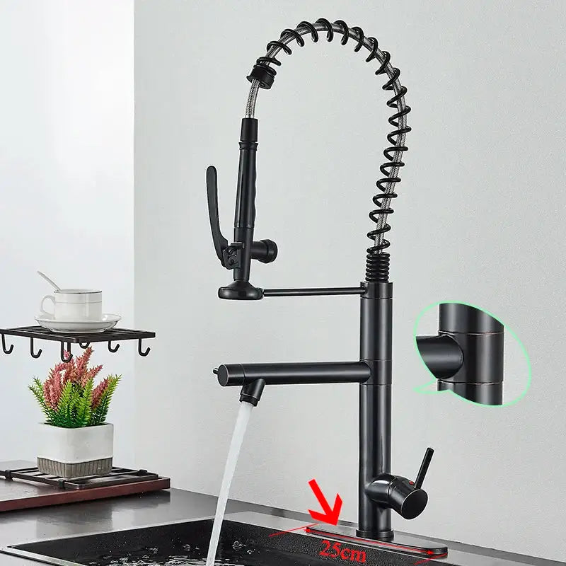 Black matte kitchen faucet with flexible coiled gooseneck and pull-down spray head decorbites brushed nickel spring