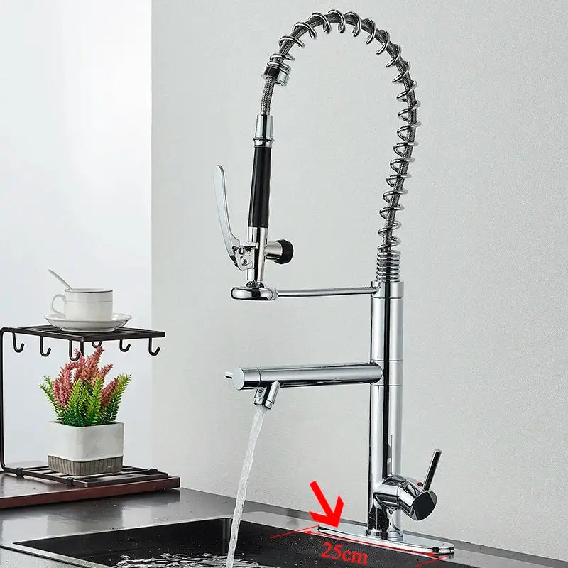 Chrome finished brushed nickel spring kitchen faucet with flexible gooseneck and black handle pull down spray head decorbites