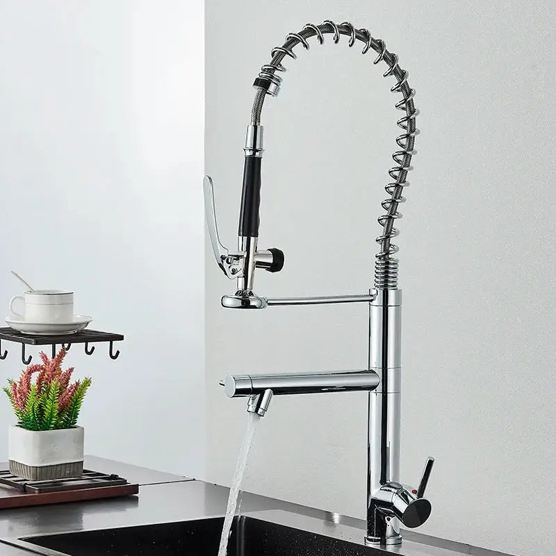 Brushed nickel spring kitchen faucet with chrome finish, high-arc flexible gooseneck, and black ergonomic handle by decorbites