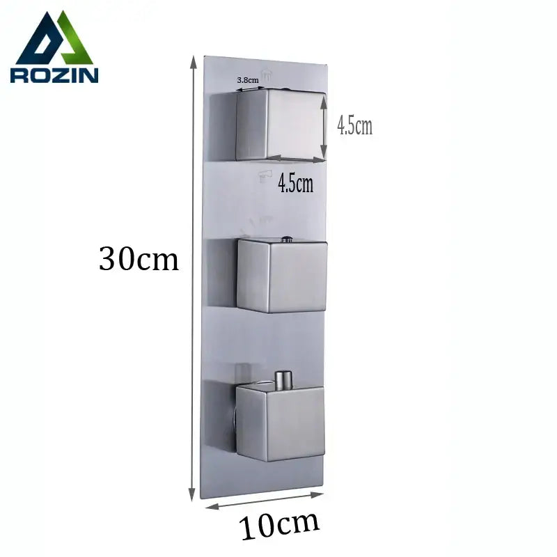 Silver stainless steel rozin brand wall-mounted thermostatic mixer valve with three square control knobs for bathroom shower