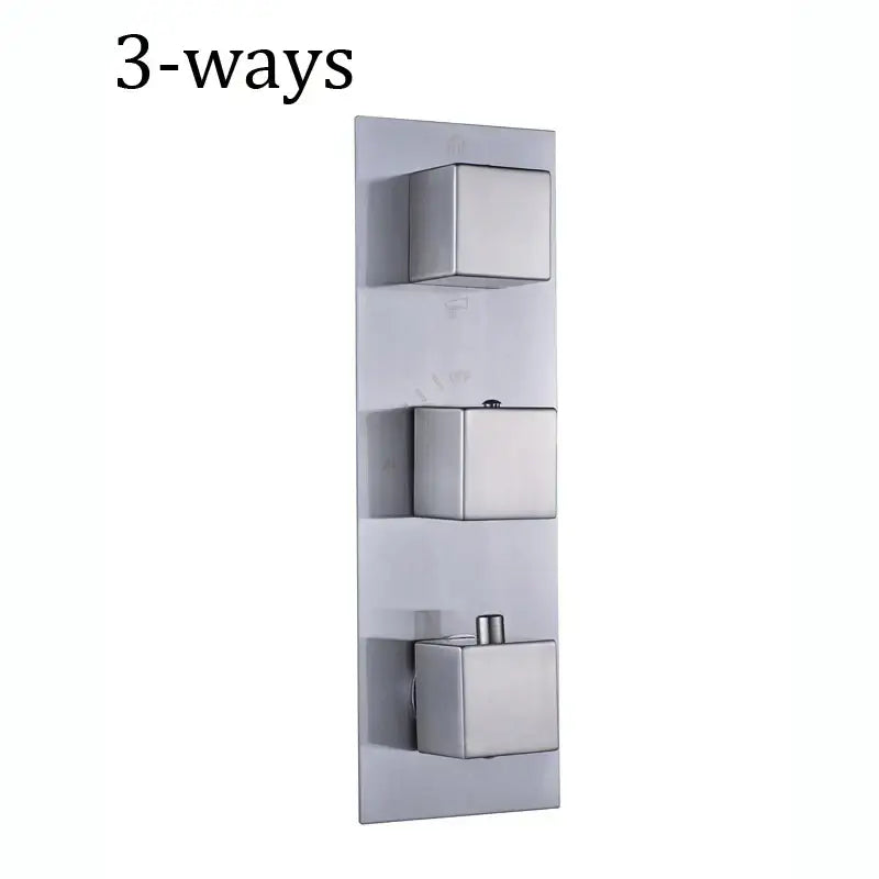 Modern brushed stainless steel thermostatic mixer valve with three square knobs for bathroom shower control