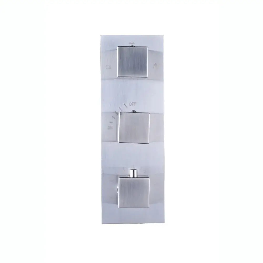 Brushed nickel thermostatic mixer valve with brushed stainless steel three-handle shower control and square knobs