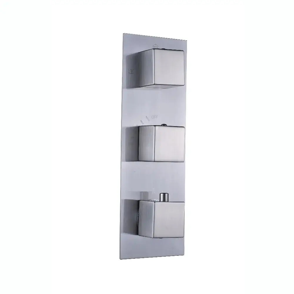 Modern brushed nickel thermostatic mixer valve shower control panel with three square knobs in stainless steel finish