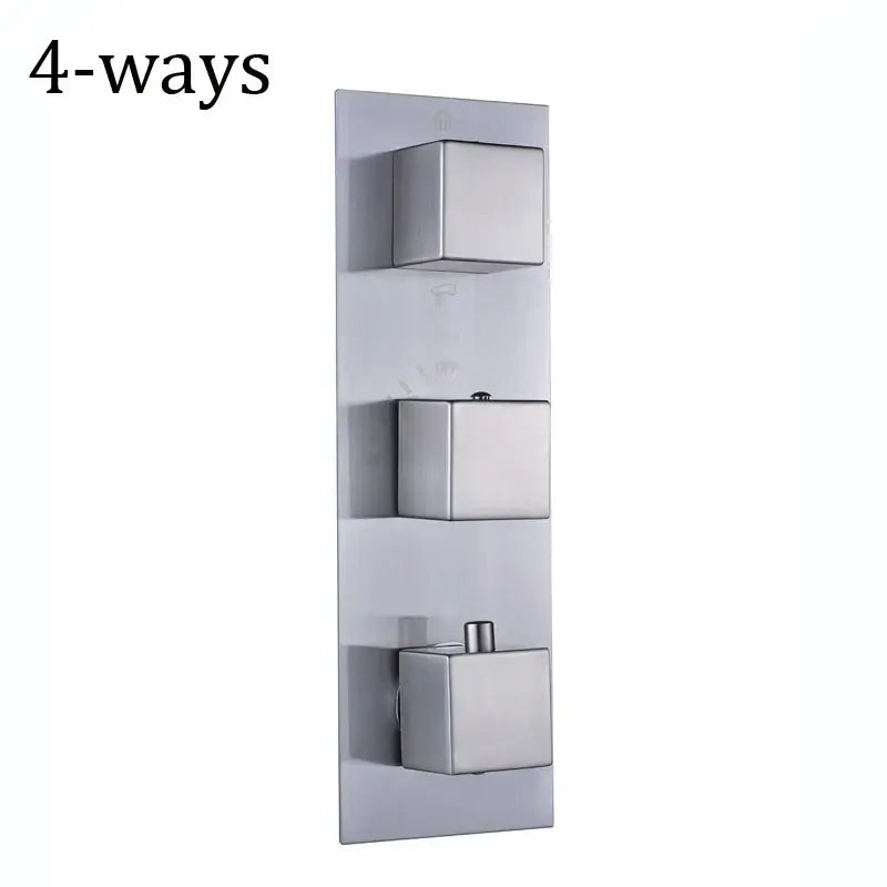 Brushed nickel thermostatic mixer valve with modern brushed stainless steel 4-way square controls for shower use