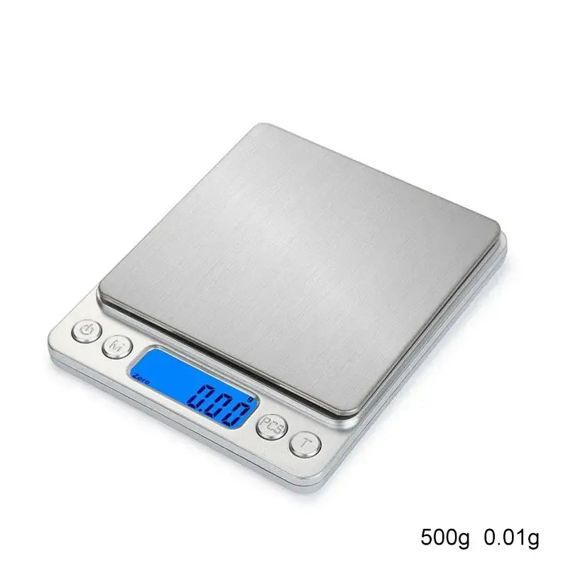 Brushed silver decorbites digital kitchen jewelry scale with blue lcd display and four control buttons