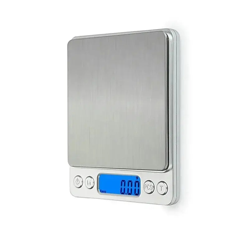 Brushed silver digital kitchen jewelry scale with stainless steel finish and blue lcd display showing 0.0g by decorbites digital kitchen