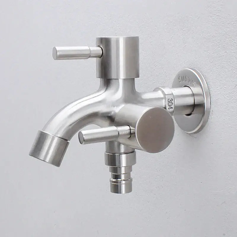 Brushed stainless steel dual spout washing machine faucet with stainless steel 304 polished finish for outdoor use