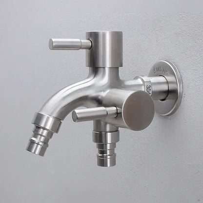 Brushed stainless steel dual spout washing machine faucet with a wall-mounted design for garden sink use