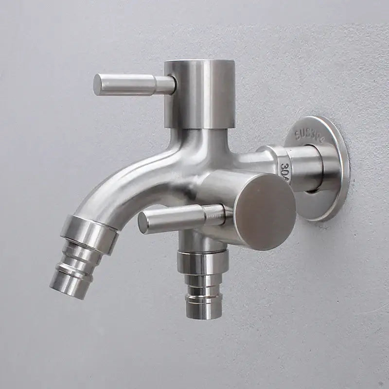 Brushed stainless steel dual spout washing machine faucet with a wall-mounted design for garden sink use