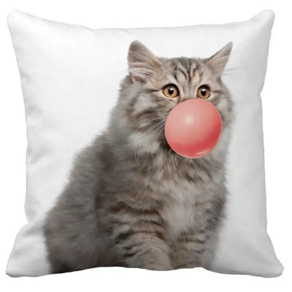 White square cushion cover featuring a gray tabby cat blowing a bubble gum bubble for bubble black cats decorbites