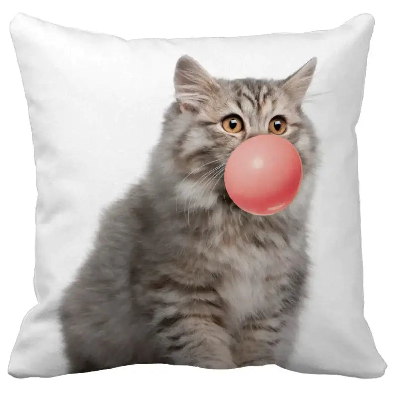 White square cushion cover featuring a gray tabby cat blowing a bubble gum bubble for bubble black cats decorbites