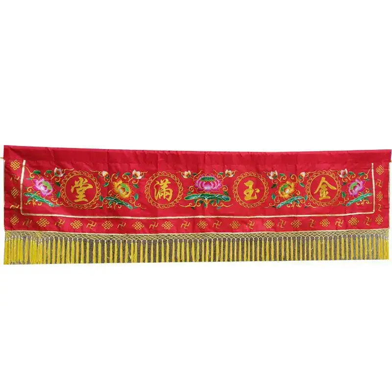 Buddhist red and gold dragon altar curtain set with embroidered floral patterns and chinese characters for home temple decor