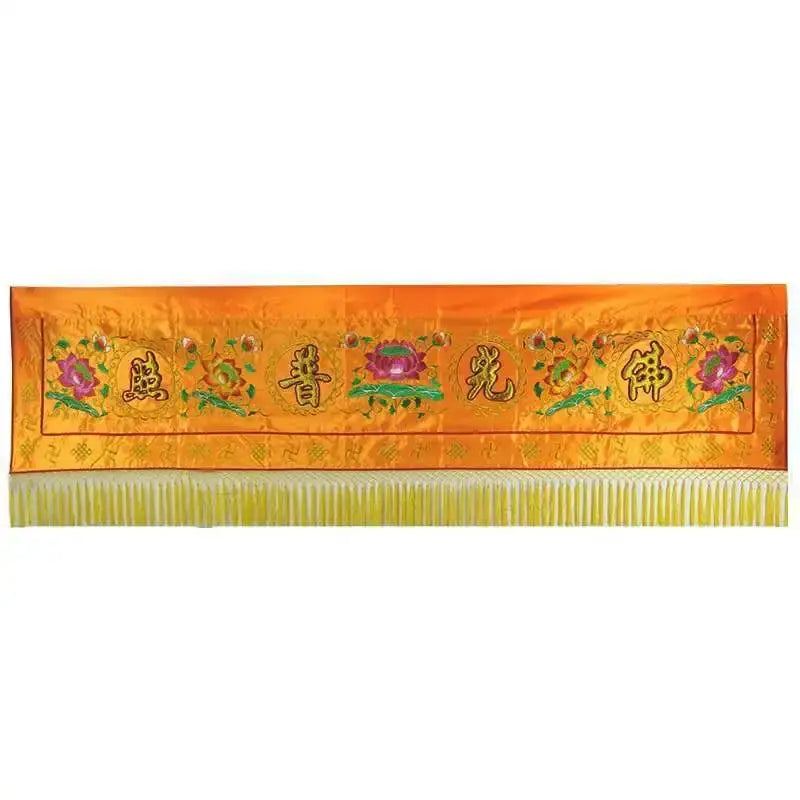 Vibrant orange satin altar curtain set with gold embroidery of chinese characters and floral motifs for home temple decor