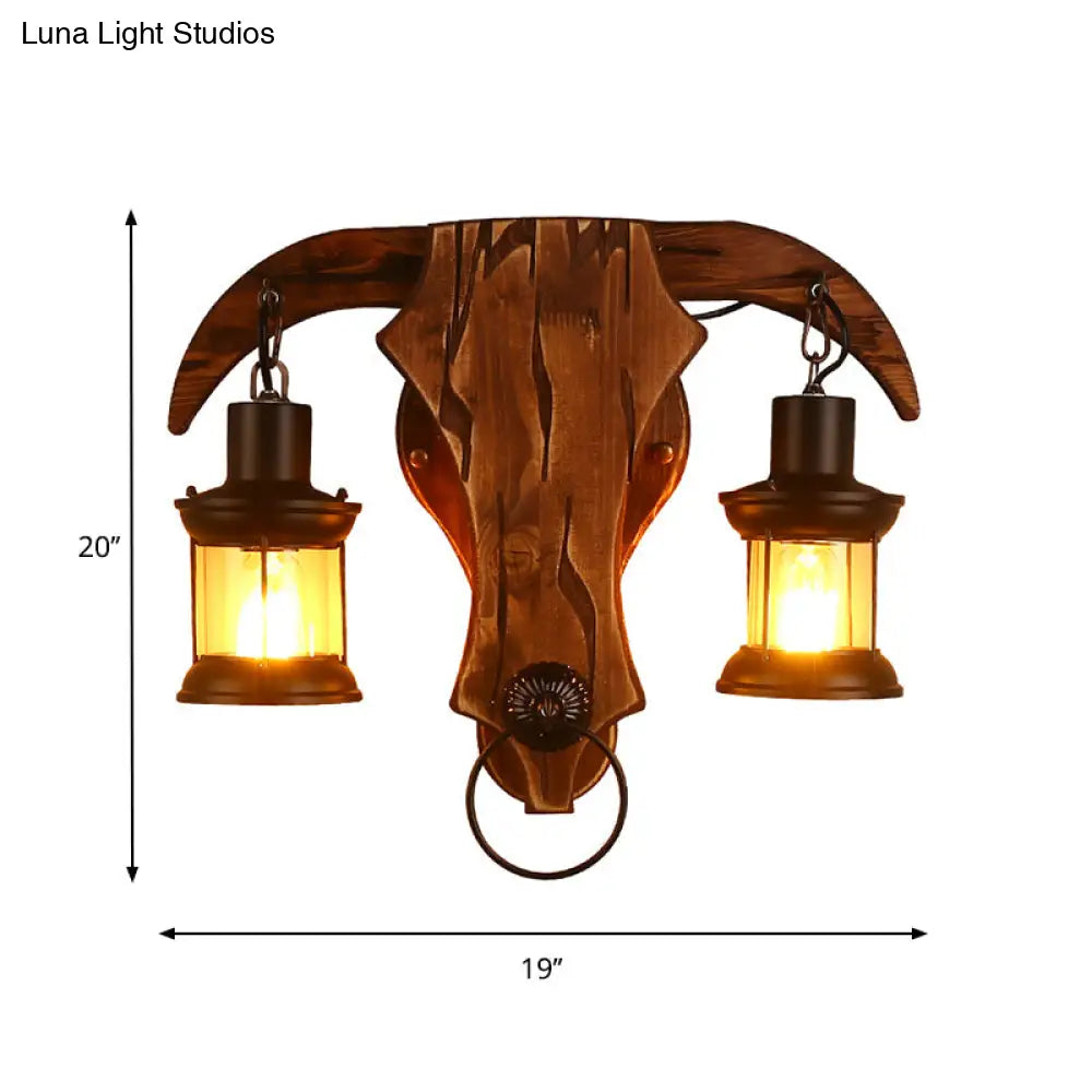 مصباح حائط على شكل ثور - طراز ريترو، مع لمبتين، مصنوع من الخشب والمعدن، وغطاء فانوس