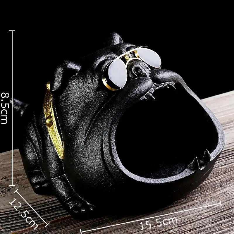 Black cast iron bulldog sunglasses ceramic ashtray with gold-tone collar for living room decor set of 4