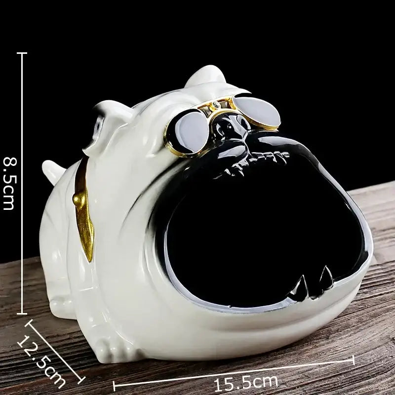 Glossy white ceramic bulldog sunglasses ceramic ashtray with black interior gold-rimmed goggles and collar for living room decor